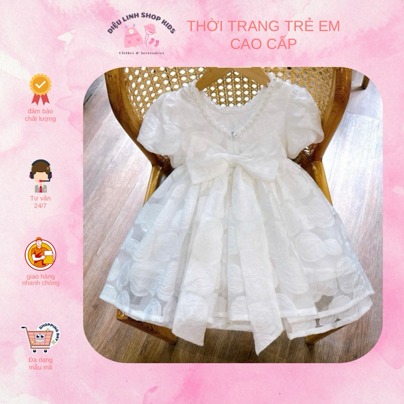 DL44 Váy công chúa cho bé diệu linh shop kids - váy thiết kế chất liệu gấm hoa màu trắng cho bé đi dự tiệc rất xinh