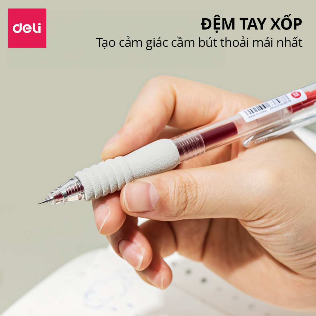 Ảnh Bút Bi Nước Bút Gel Mực Bấm Deli Đệm Xốp Nhiều Màu Trơn Tru Ngòi 0.5mm Dành Cho Học Sinh Sinh Viên 2