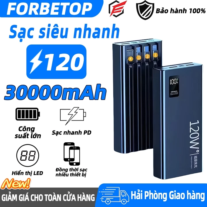cục Sạc Dự Phòng 30000mAh Sạc Siêu Nhanh 120W Có 4 Dây Cáp Sạc Màn Hình Led Sạc Nhanh sạc sự phòng 20000 mah không dây