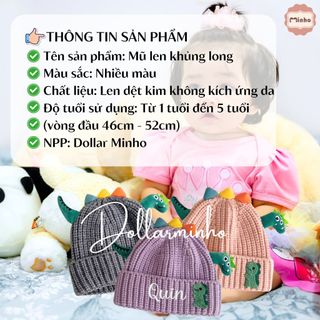 (Thêu tên) Mũ len khủng long thêu tên theo yêu cầu cho bé từ 1 đến 5 tuổi, chất len dệt kim co giãn