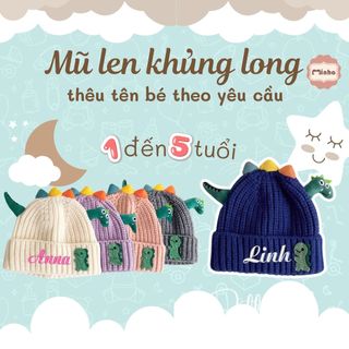 (Thêu tên) Mũ len khủng long thêu tên theo yêu cầu cho bé từ 1 đến 5 tuổi, chất len dệt kim co giãn