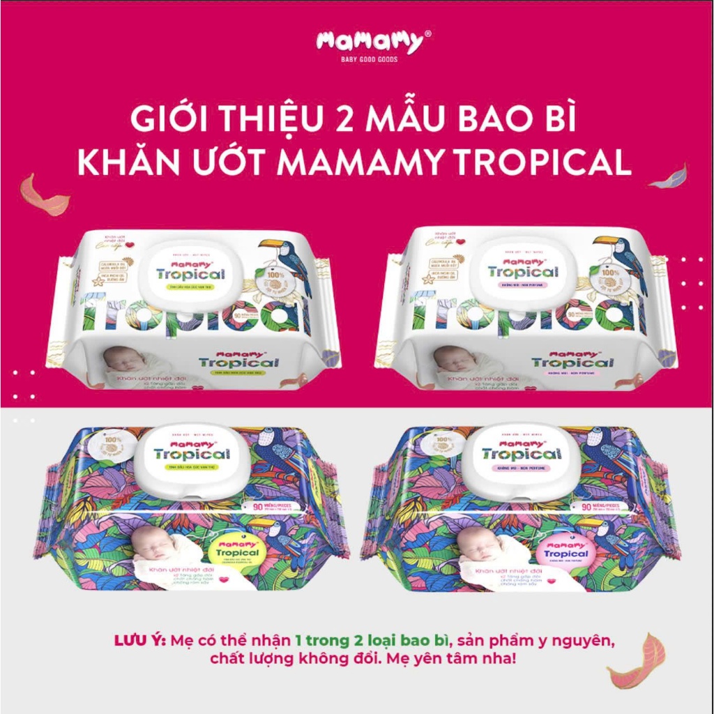 Ảnh -Khăn giấy ướt cao cấp cho bé Mamamy 100% sợi tự nhiên và rayon Tropical gói 90tờ tặng 60tờ, mềm, dai, sạch cực 1