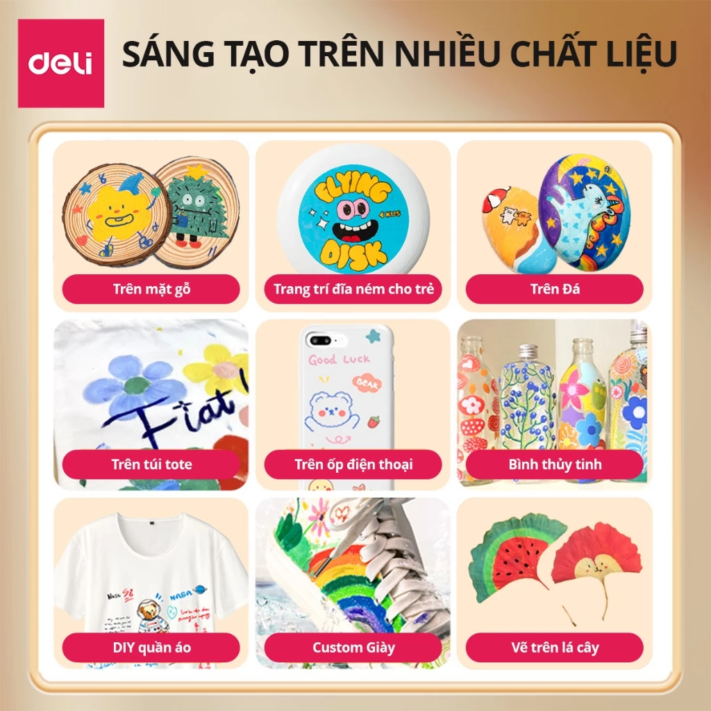 Bút Màu Acrylic Marker Túi Vải Cao Cấp Deli - Bút Sơn Màu Acrylic Tô Vẽ Trên Mọi Chất Liệu Không Thấ