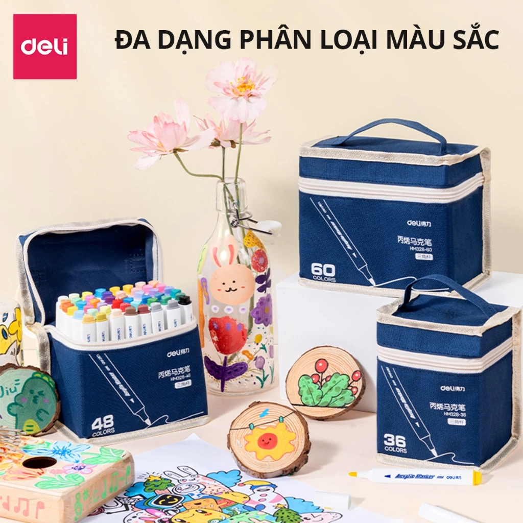 Bút Màu Acrylic Marker Túi Vải Cao Cấp Deli - Bút Sơn Màu Acrylic Tô Vẽ Trên Mọi Chất Liệu Không Thấ