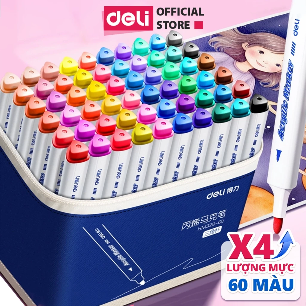 Bút Màu Acrylic Marker Túi Vải Cao Cấp Deli - Bút Sơn Màu Acrylic Tô Vẽ Trên Mọi Chất Liệu Không Thấ