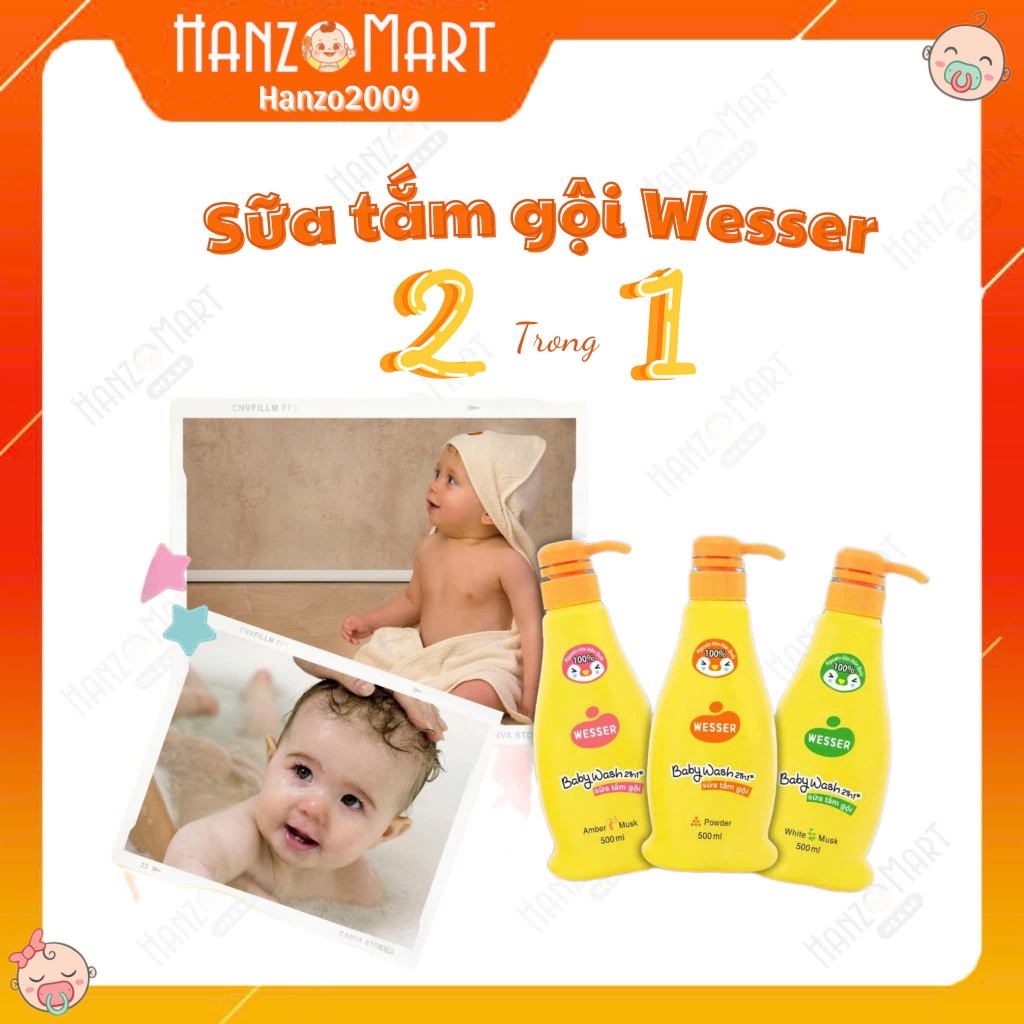 Sữa Tắm Gội Cho Bé Wesser 2 In 1 loại 200ml-500ml (Cam/Xanh Lá/Hồng)