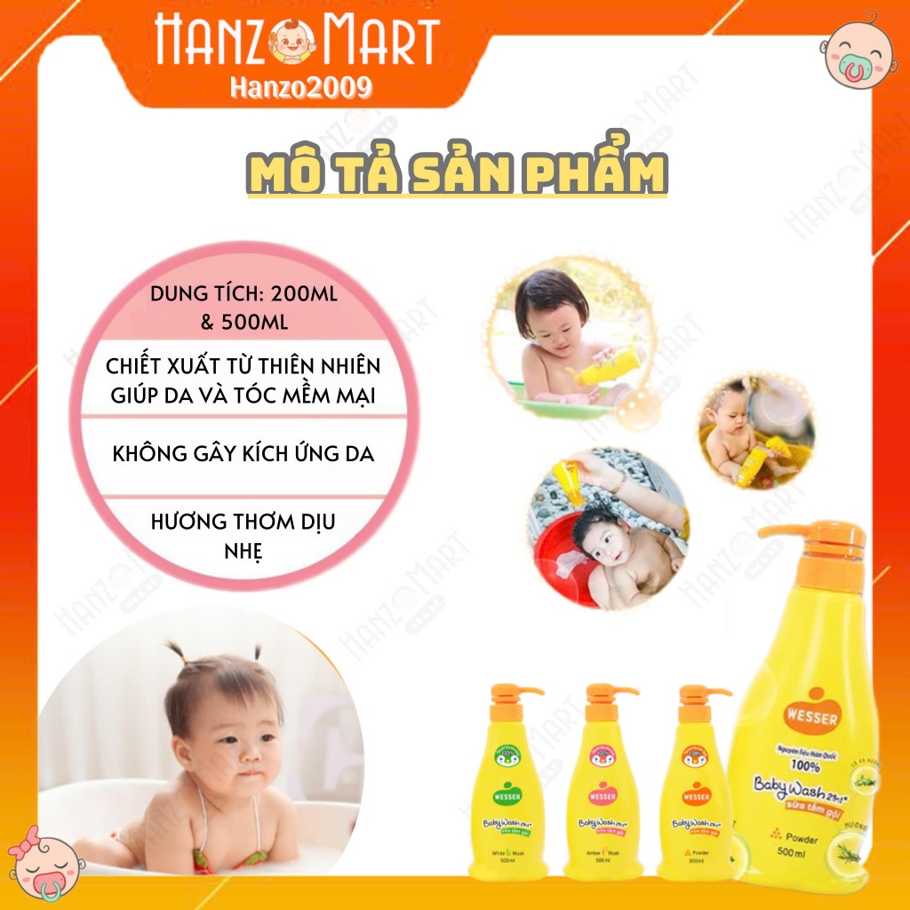 Sữa Tắm Gội Cho Bé Wesser 2 In 1 loại 200ml-500ml (Cam/Xanh Lá/Hồng)