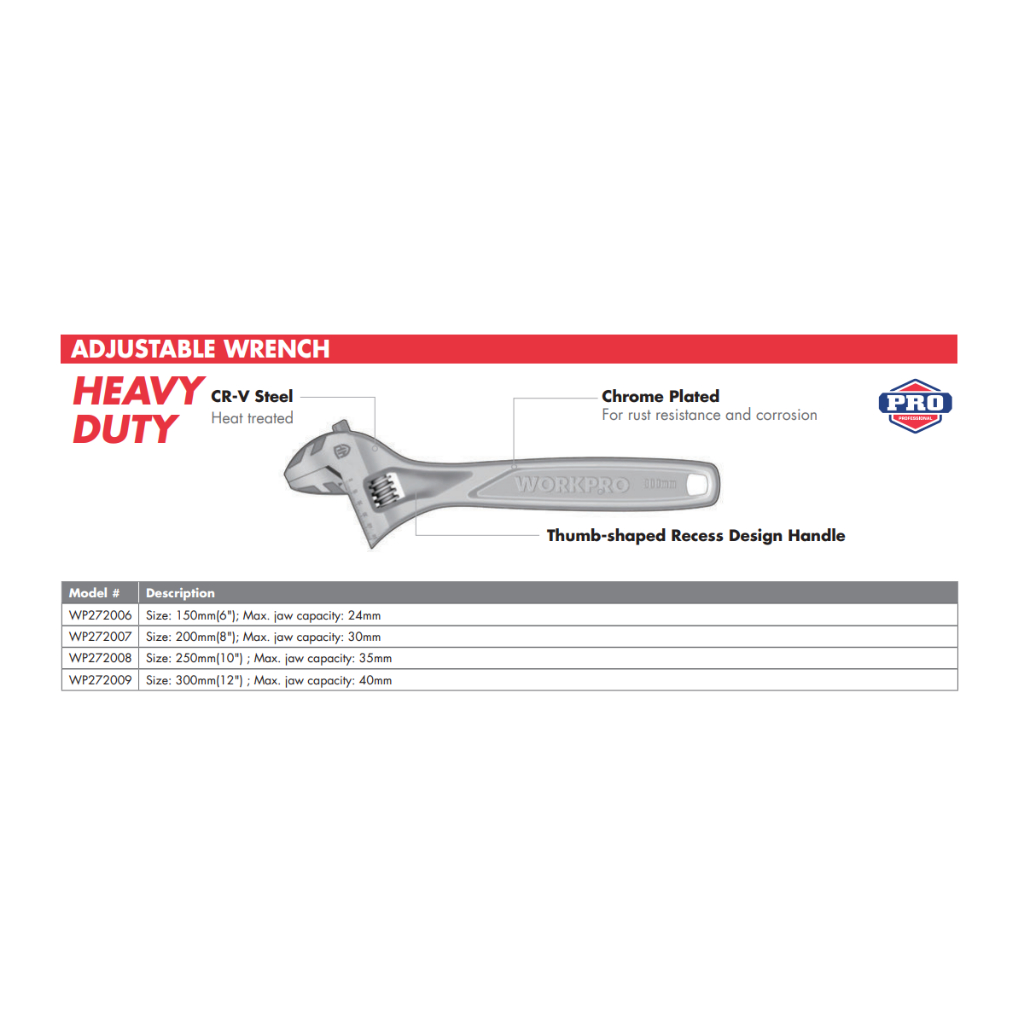 Mỏ lết/cờ lê dòng HEAVY DUTY có điều chỉnh thép CrV WORKPRO kích thước 150-200-250-300mm độ mở ngàm tối đa 24-30-35-40mm