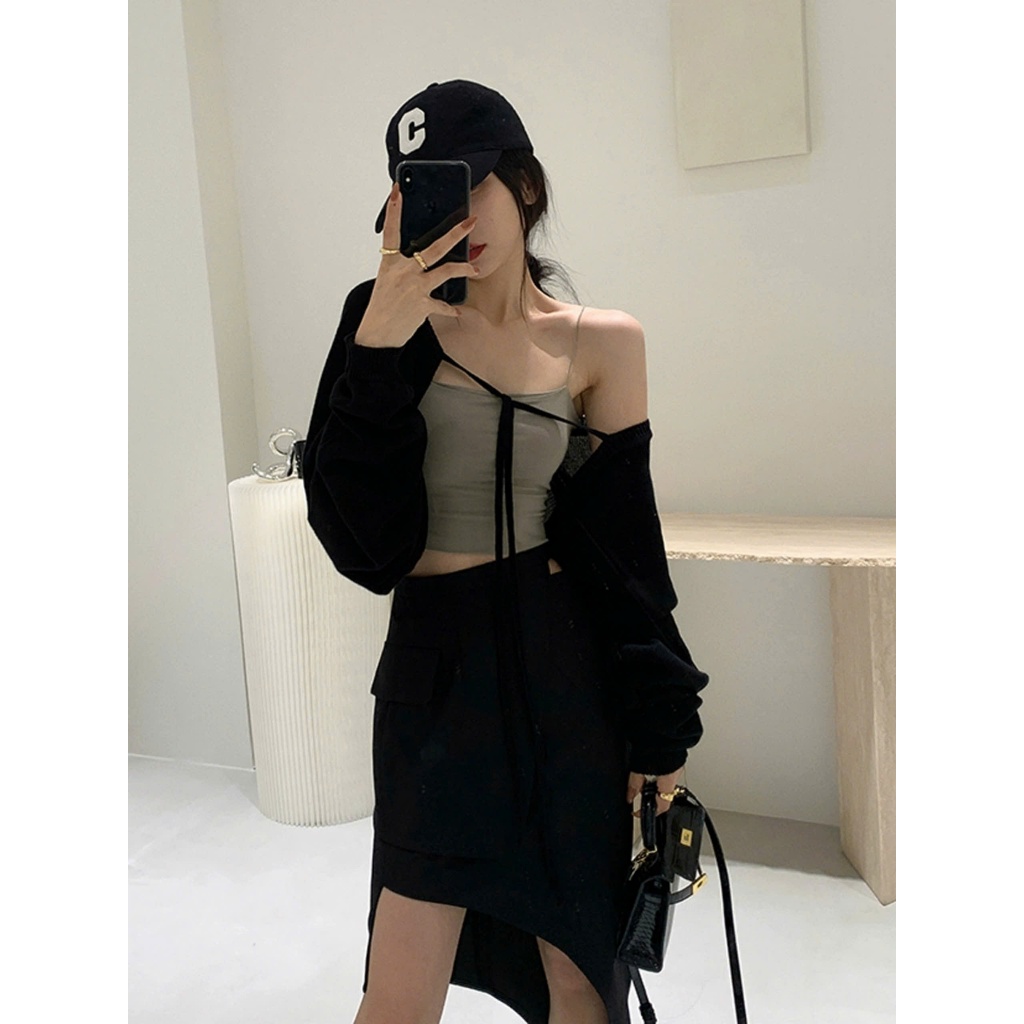 Áo Khoác Cardigan Croptop RANSHI Phối Dây Cột Nhẹ Nhàng Phong Cách Cá Tính Dễ Thương Chất Thun Gân Dày  - RA271