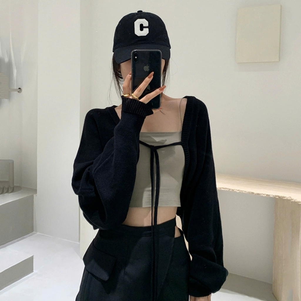 Áo Khoác Cardigan Croptop RANSHI Phối Dây Cột Nhẹ Nhàng Phong Cách Cá Tính Dễ Thương Chất Thun Gân Dày  - RA271