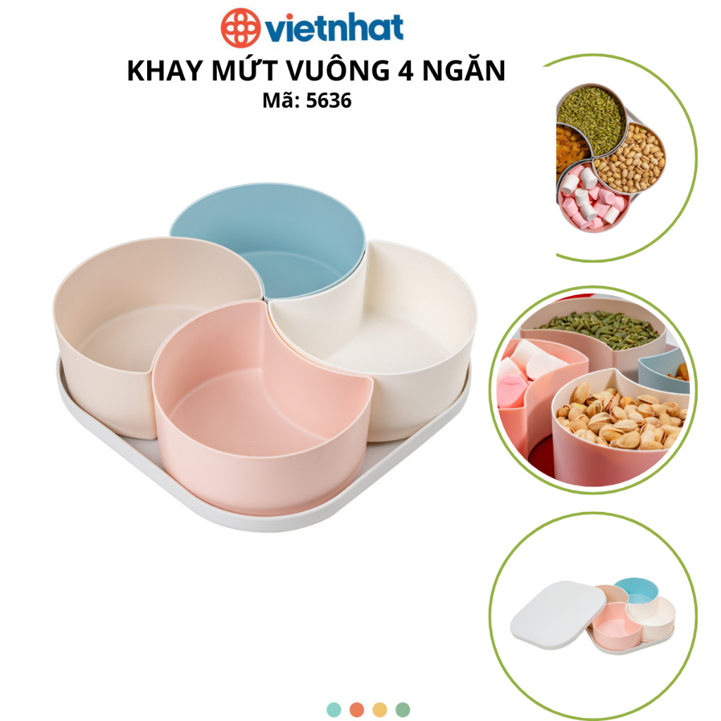 Khay đựng bánh kẹo tết, khay mứt vuông 4 ngăn Chính Hãng Việt Nhật (mã 5636)