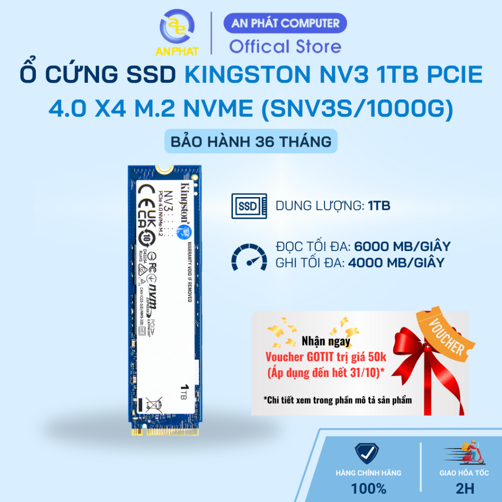 SSD Interne Kingston NV3 1To PCIe 4.0 NVMe - Vitesse 6000/5000 MB/s - M.2 2280 - Pour Gaming Et Multimédia