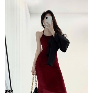 Set đầm nhung buộc dây cổ phối áo vest vạt lệch sang chảnh A1242 - A1235