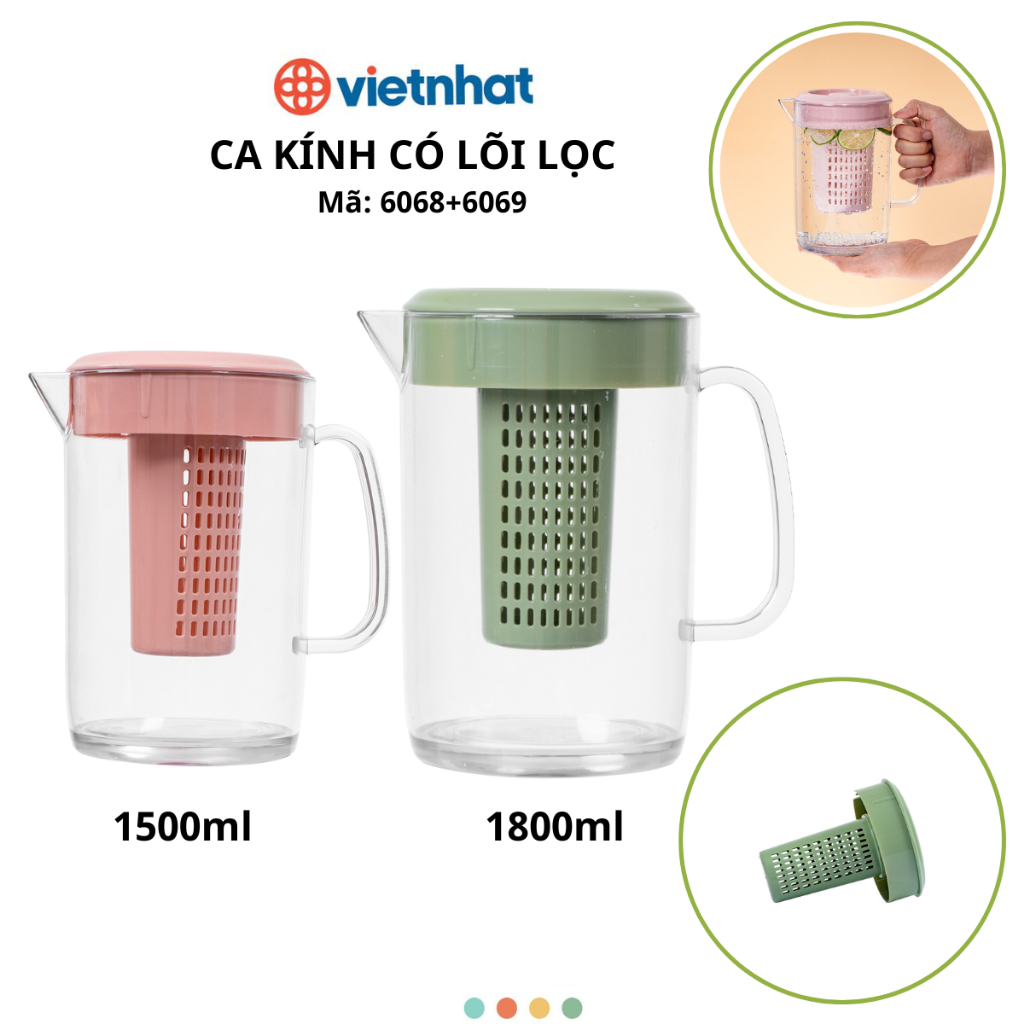 Ca Kính Có Lõi Lọc, Ca lọc trà, Ca lọc cặn dung tích 1500ml 1800ml Chính Hãng Việt Nhật