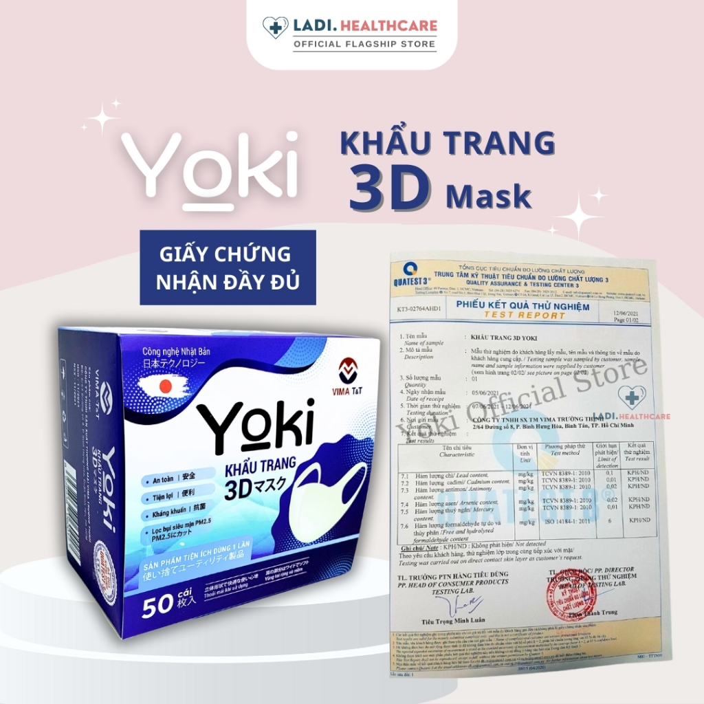 [Hộp 50Cái] Khẩu trang 3D YOKI Mask, kháng khuẩn công nghệ nhật bản hàng chính hãng Công Ty