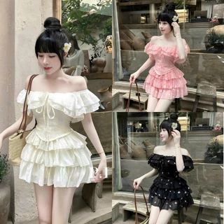 Set Váy Nữ Chất Tăm Gãy Trễ Vai, Tay Ngắn Bèo Ngực, Dáng Xòe, Có Lót