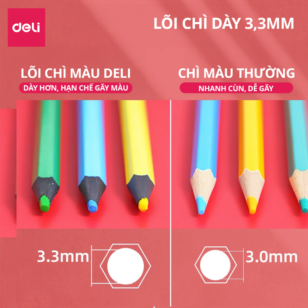 Bút Chì Màu Xóa Được Deli - Bút Chì Màu Học Sinh Chì Đen Cao Cấp Lõi Chì Dày Hơn - 12/24/36/48 Màu Sắc Tươi Sáng