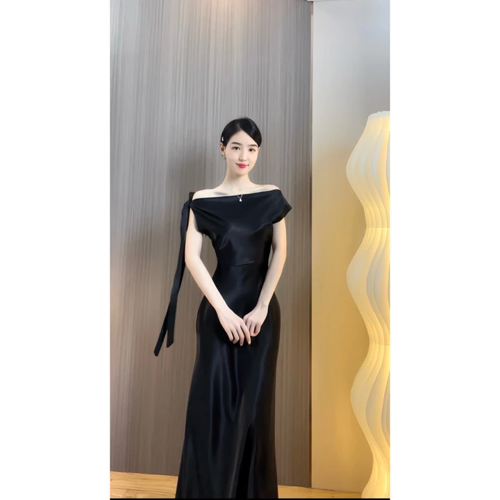 Đầm dự tiệc thiết kế trễ vai phối nơ chất lụa hàn Đầm dự tiệc sang trọng-lụa lệch vai