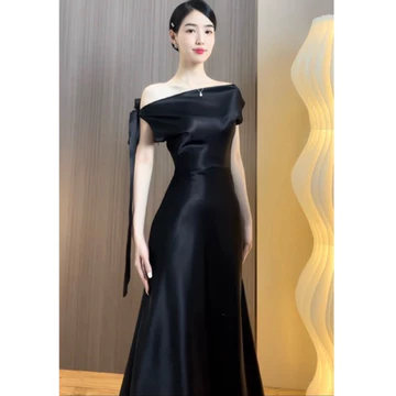 Đầm dự tiệc thiết kế trễ vai phối nơ chất lụa hàn Đầm dự tiệc sang trọng-lụa lệch vai
