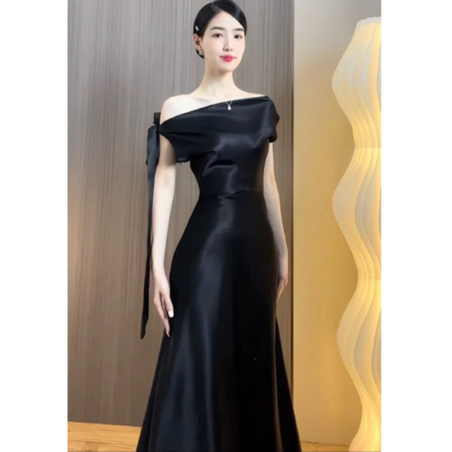 Đầm dự tiệc thiết kế trễ vai phối nơ chất lụa hàn Đầm dự tiệc sang trọng-lụa lệch vai