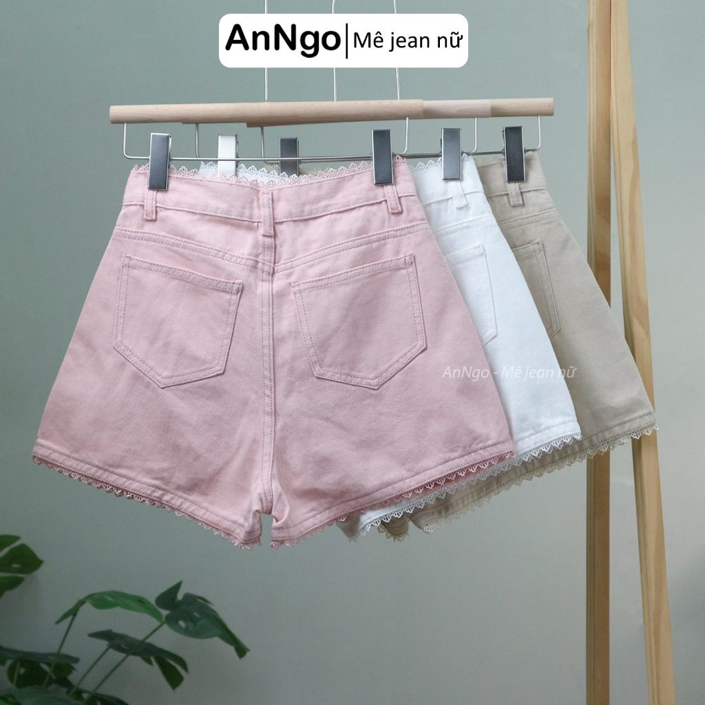 Quần short kaki nữ ống rộng xếp ly phối ren dễ thương Anngo - AT499