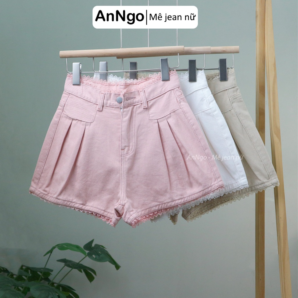 Quần short kaki nữ ống rộng xếp ly phối ren dễ thương Anngo - AT499