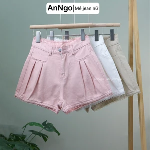 Quần short kaki nữ ống rộng xếp ly phối ren dễ thương Anngo - AT499