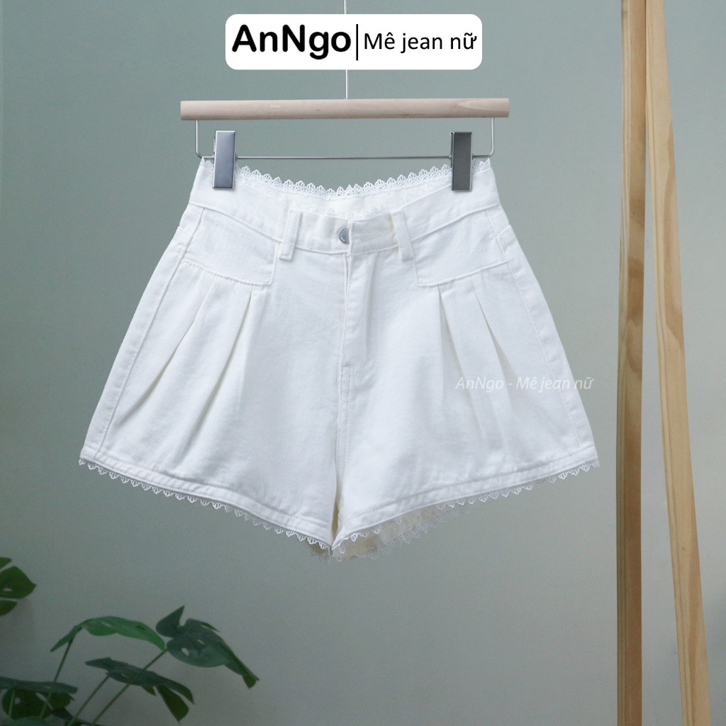 Quần short kaki nữ ống rộng xếp ly phối ren dễ thương Anngo - AT499