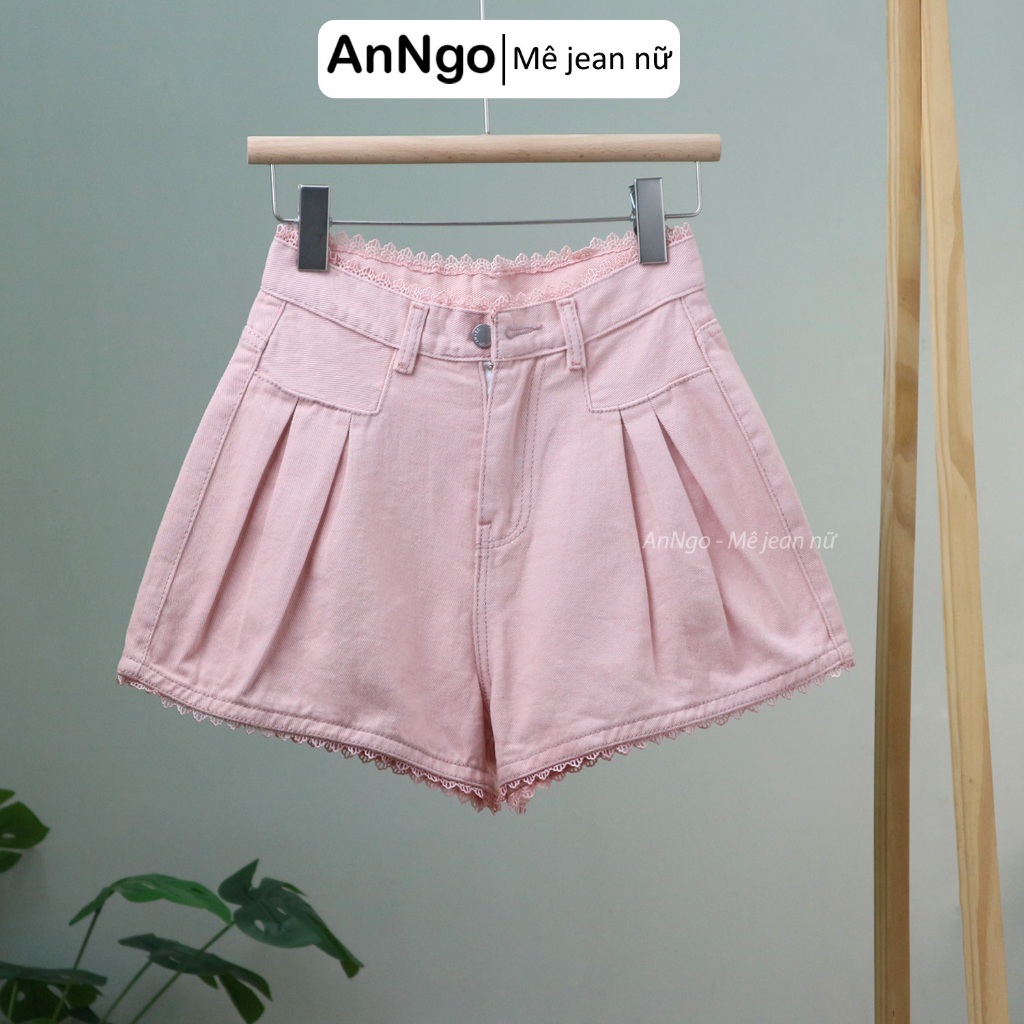 Quần short kaki nữ ống rộng xếp ly phối ren dễ thương Anngo - AT499