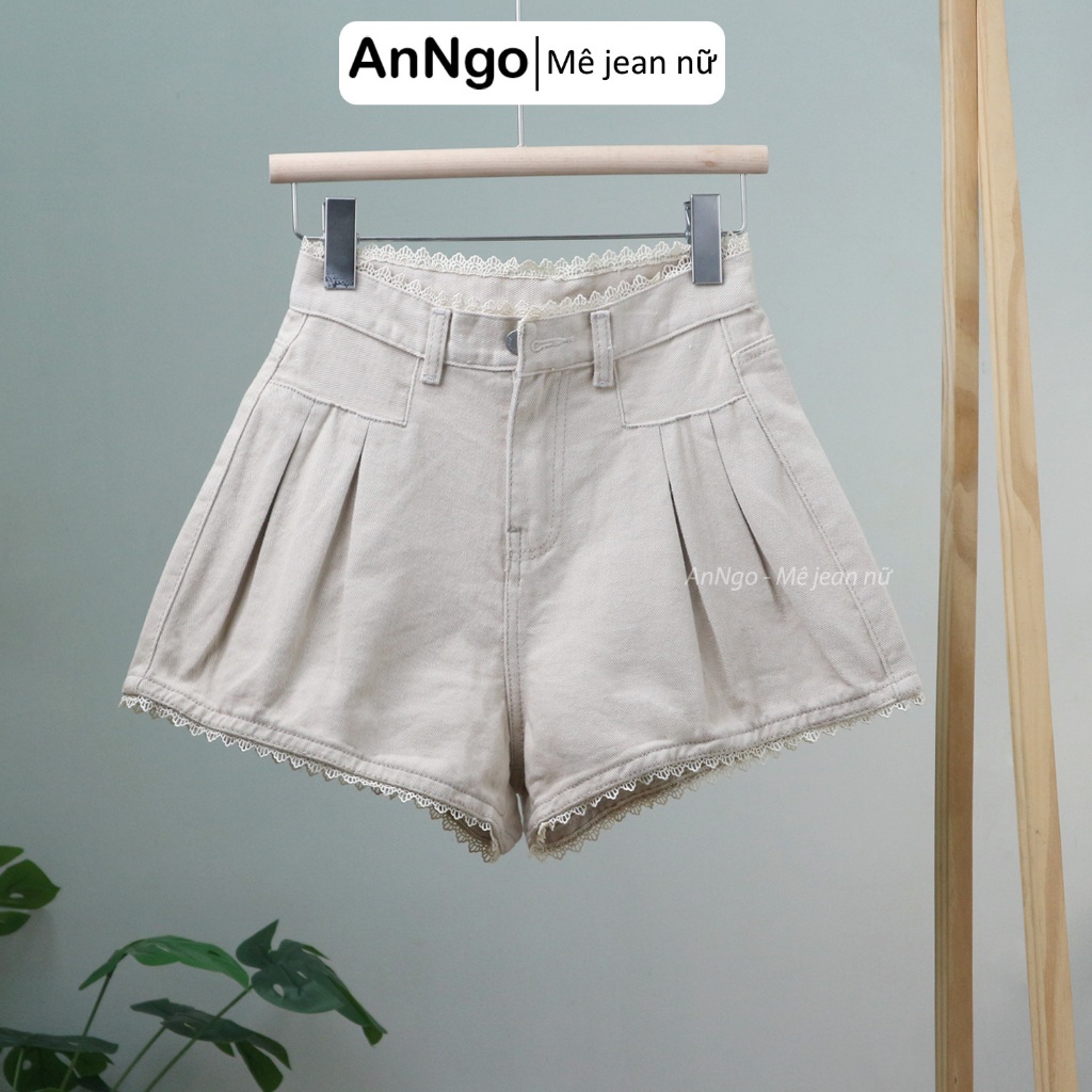 Quần short kaki nữ ống rộng xếp ly phối ren dễ thương Anngo - AT499