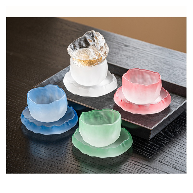 Bộ Ly, Chén Thủy Tinh Băng Tâm Kèm Đĩa Lót Dùng Thưởng Trà Phong Cách Nhật Bản Dung Tích 50 Ml