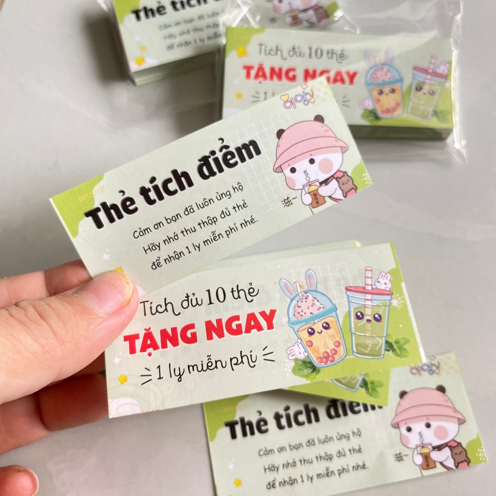 100 thẻ tích điểm kt 30x80mm, tích được 10 thẻ tặng 1 ly miễn phí -giấy c100 mỏng lắm ạ