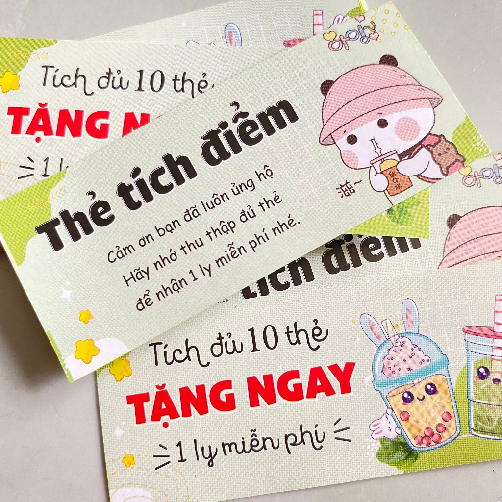 100 thẻ tích điểm kt 30x80mm, tích được 10 thẻ tặng 1 ly miễn phí -giấy c100 mỏng lắm ạ