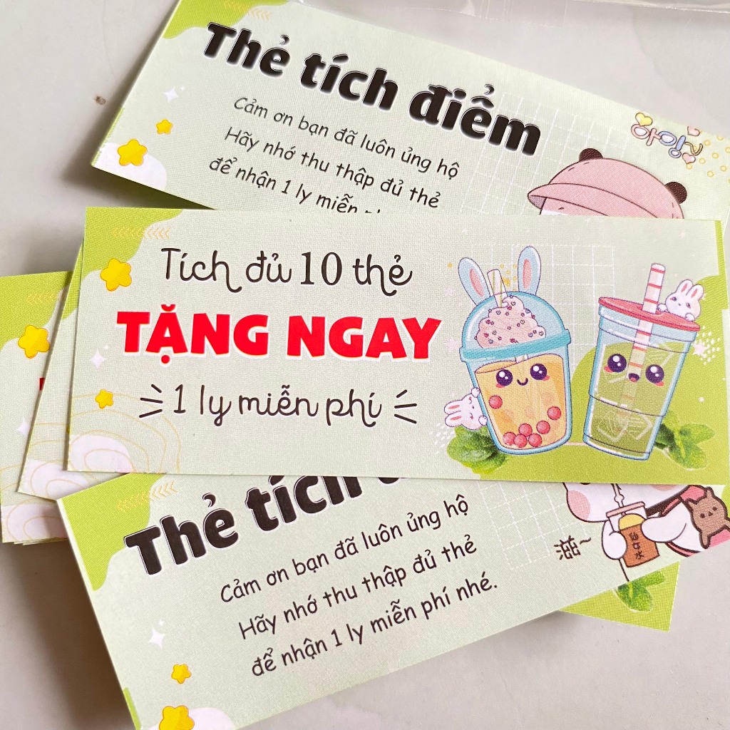 100 thẻ tích điểm kt 30x80mm, tích được 10 thẻ tặng 1 ly miễn phí -giấy c100 mỏng lắm ạ