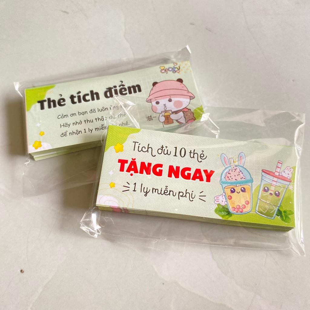 100 thẻ tích điểm kt 30x80mm, tích được 10 thẻ tặng 1 ly miễn phí -giấy c100 mỏng lắm ạ