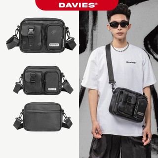 Túi đeo chéo da đựng vừa Ipad DAVIES đen trơn, họa tiết Monogram nhiều ngăn logo Inox Straps Two Pocket | D-B57