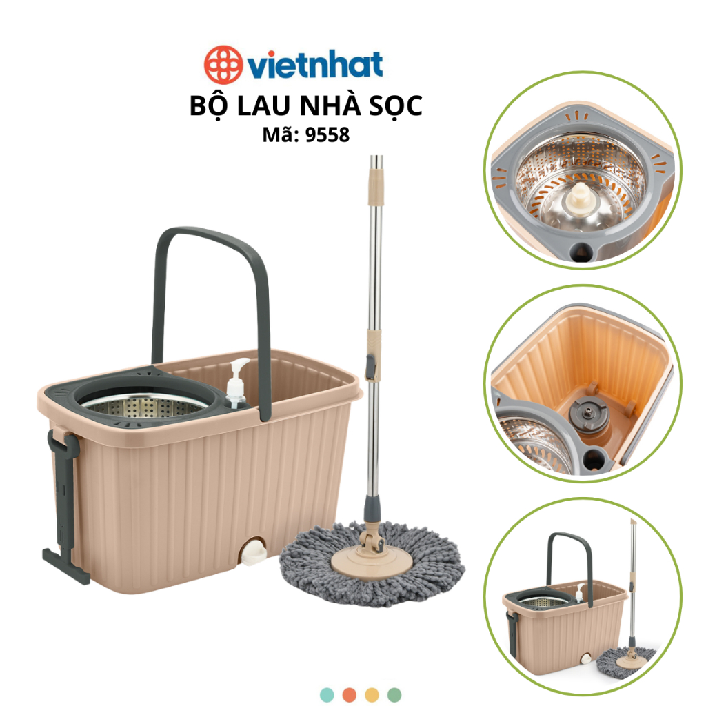 Bộ Chổi Lau Nhà Tự Vắt, Bộ dụng cụ lau nhà có tay kéo Chính Hãng Việt nhật (Mã 9558)