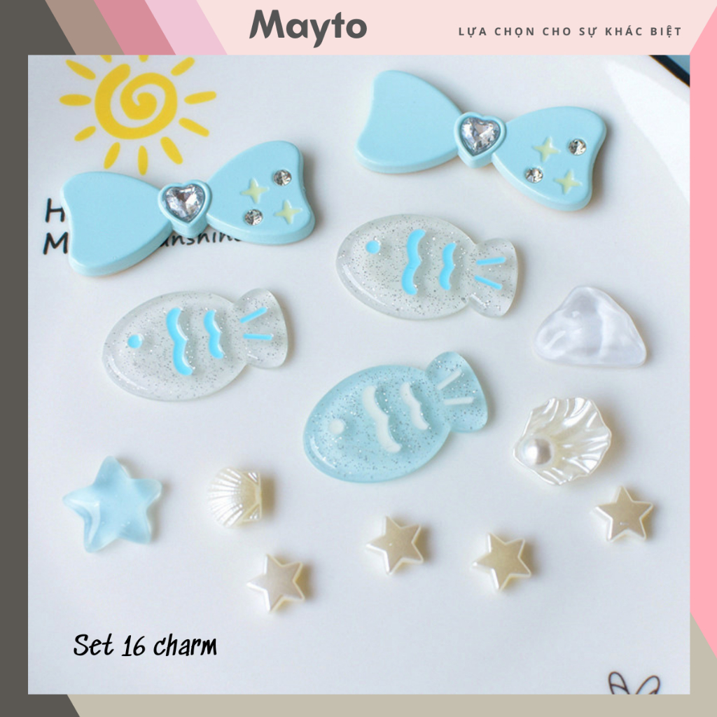 Set 16 Sticker, Charm 3D chủ đề Cá Xanh Trong Mayto gắn Dép Sục, Cá Sấu ...