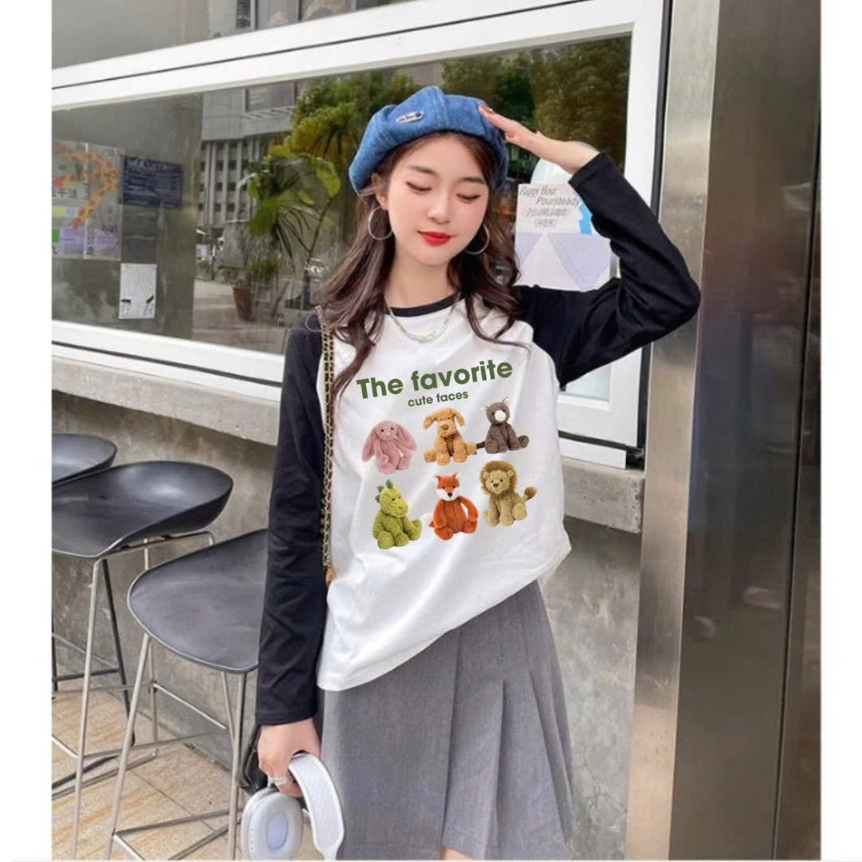 BST Thu Đông Áo dài tay Phối màu Dáng rộng in hình Stype Hàn Quốc JULY FASHION,  ÁO thun nữ tay dài thun xượt mềm mịn