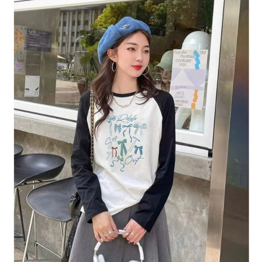 BST Thu Đông Áo dài tay Phối màu Dáng rộng in hình Stype Hàn Quốc JULY FASHION,  ÁO thun nữ tay dài thun xượt mềm mịn