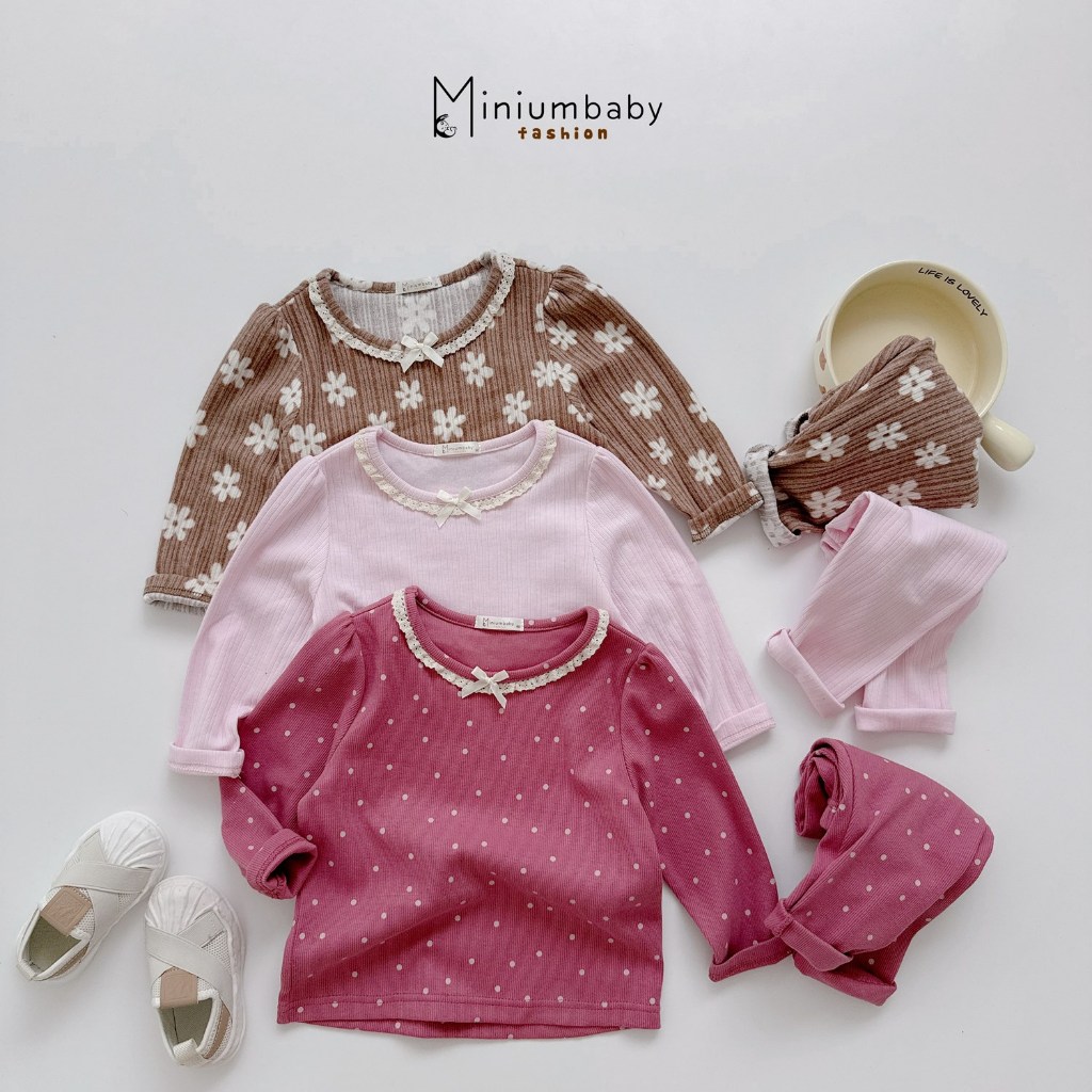 Set bộ bé gái dài tay Miniumbaby chất cotton gân mềm mix hoạ tiết hoa nơ ngực, bé 1-6 tuổi SB2170