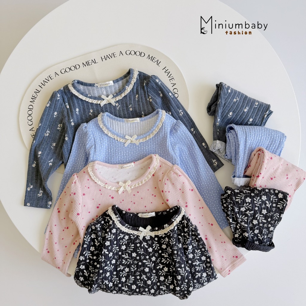 Set bộ bé gái dài tay Miniumbaby chất cotton gân mềm mix hoạ tiết hoa nơ ngực, bé 1-6 tuổi SB2170