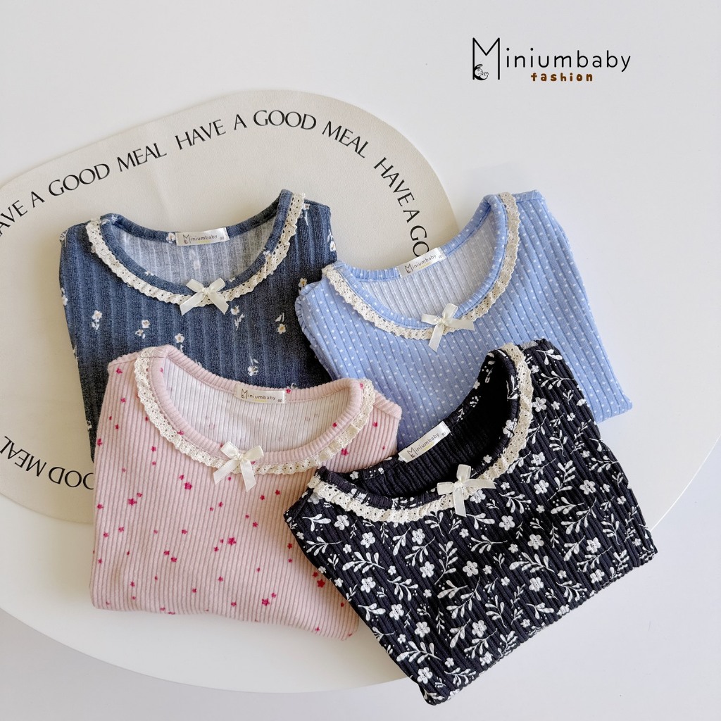 Set bộ bé gái dài tay Miniumbaby chất cotton gân mềm mix hoạ tiết hoa nơ ngực, bé 1-6 tuổi SB2170