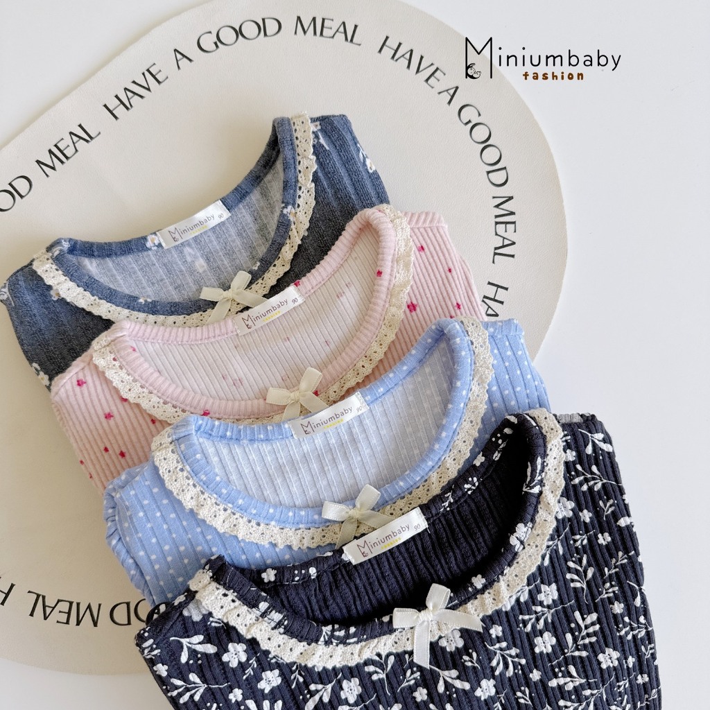 Set bộ bé gái dài tay Miniumbaby chất cotton gân mềm mix hoạ tiết hoa nơ ngực, bé 1-6 tuổi SB2170