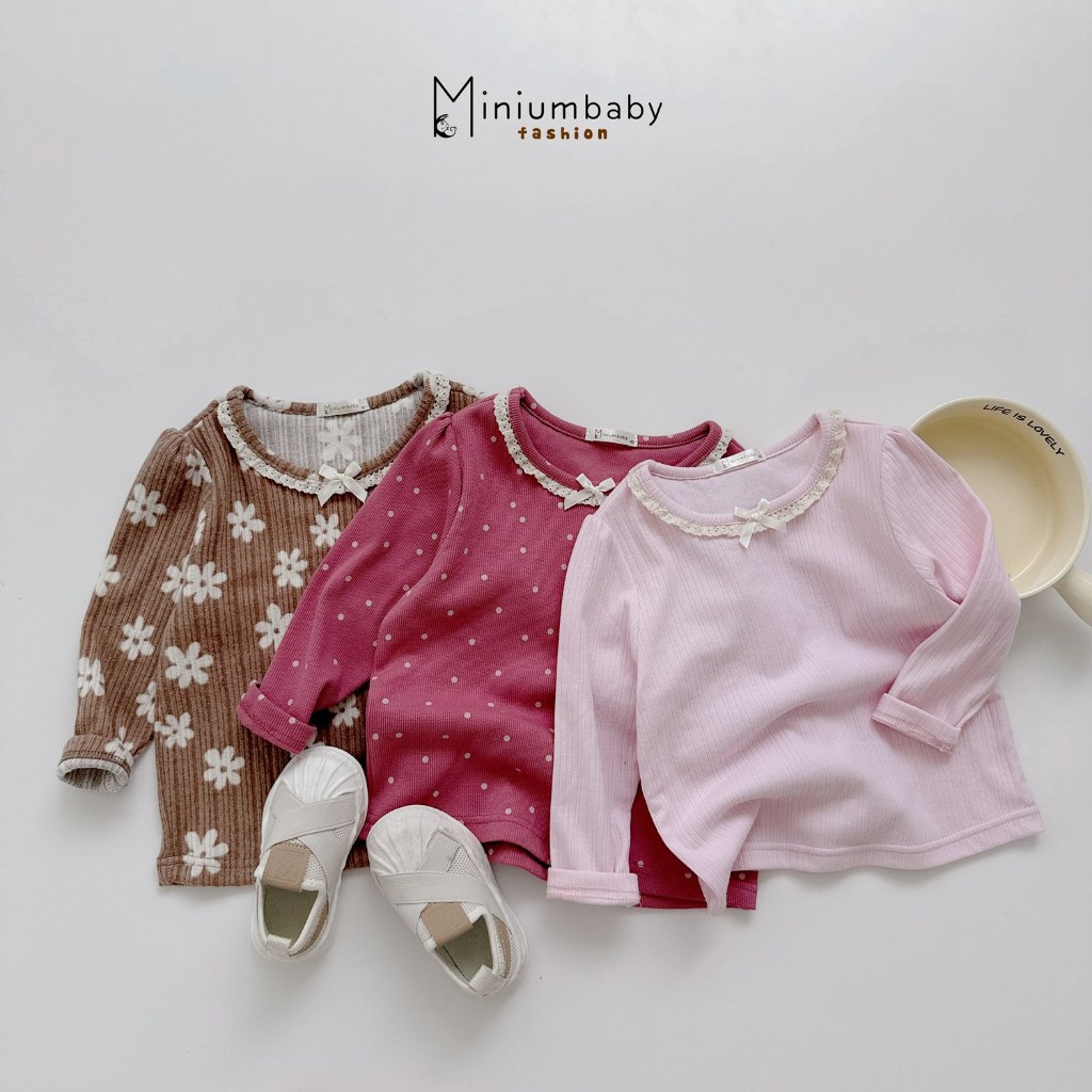 Set bộ bé gái dài tay Miniumbaby chất cotton gân mềm mix hoạ tiết hoa nơ ngực, bé 1-6 tuổi SB2170