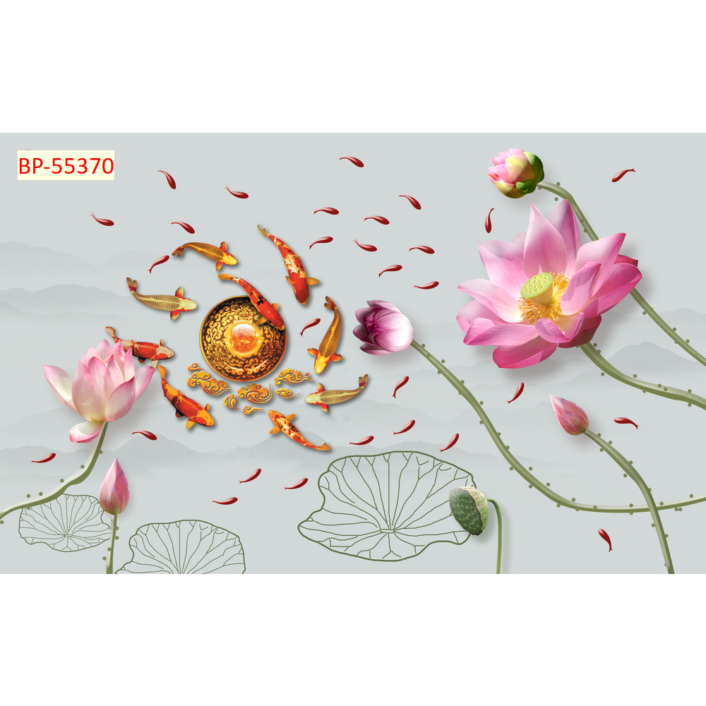 Tranh Vải Lụa 3D Dán Tường Cá Chép Bên Hồ Hoa và Chữ Phúc
