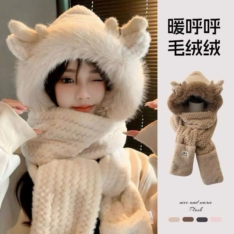 Mũ len nữ lông thỏ sừng hươu kèm khăn quàng cổ, bao tay dày đẹp ấm Nam