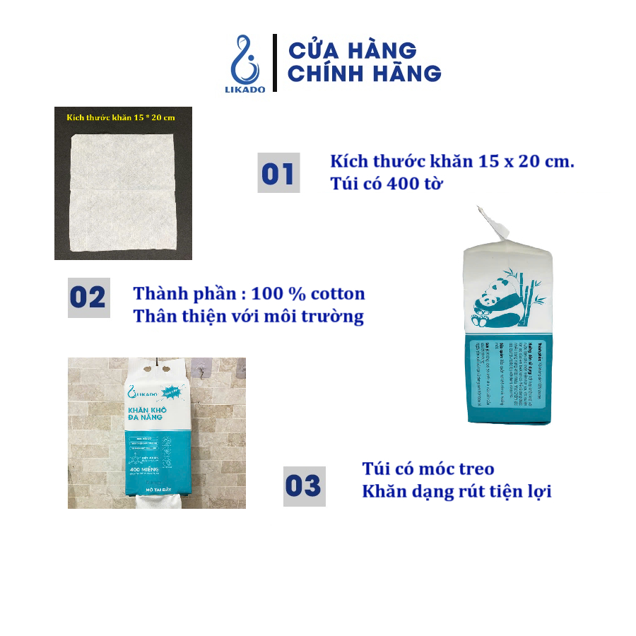 Ảnh Khăn khô đa năng cho bé LIKADO  túi 400 tờ 100 % cotton kích thước 15 x 20cm tự phân hủy ( 1 túi) 4