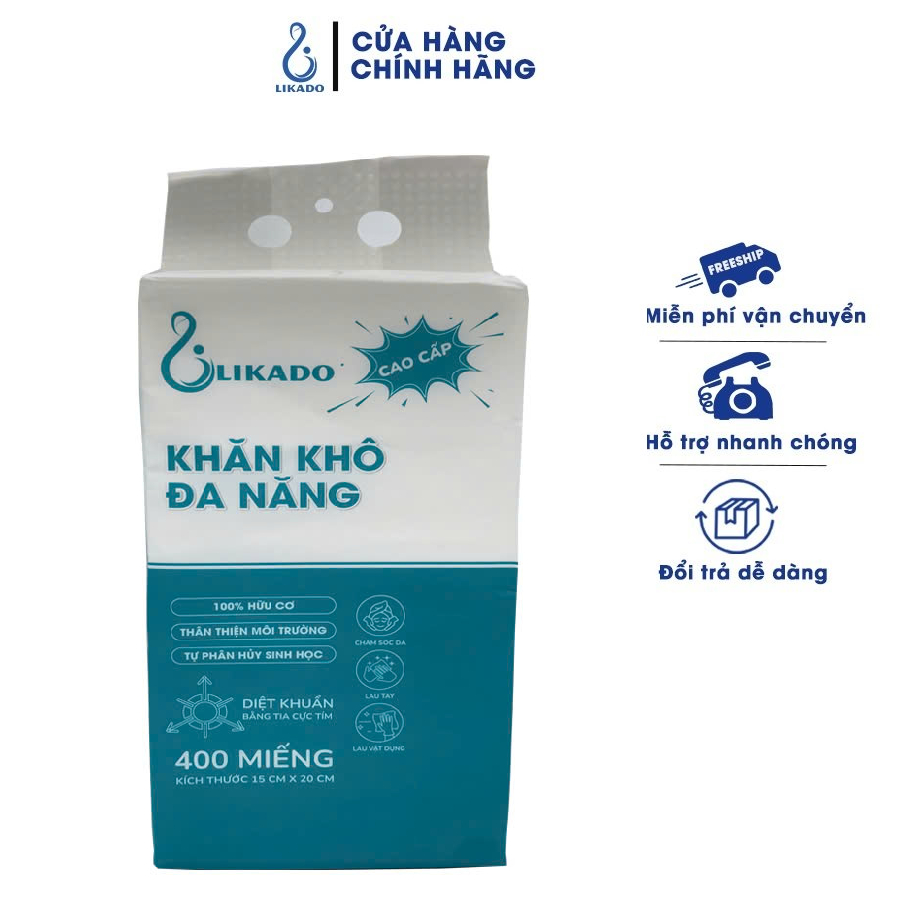 Ảnh Khăn khô đa năng cho bé LIKADO  túi 400 tờ 100 % cotton kích thước 15 x 20cm tự phân hủy ( 1 túi) 1