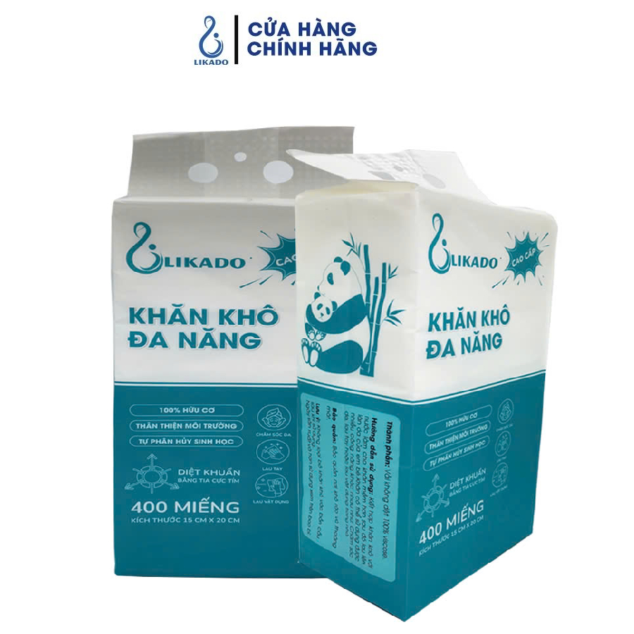 Ảnh Khăn khô đa năng cho bé LIKADO  túi 400 tờ 100 % cotton kích thước 15 x 20cm tự phân hủy ( 1 túi) 2